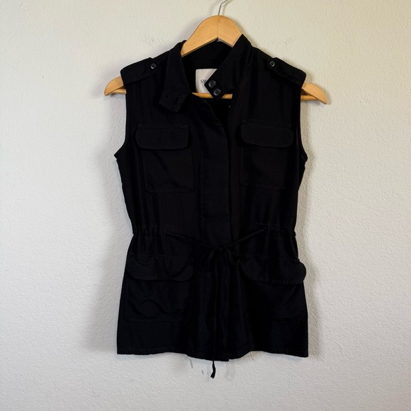 Smart Set Black Button & Cinch Waist Tie Front Sleeveless Lightweight Shirt Top - Picture 2 of 12